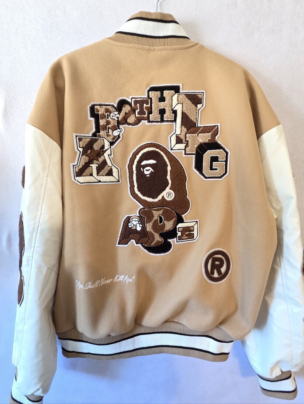 A BATHING APE BAPE MULTI MOTIF VARSITY JACKET BEIGE SIZE XXL (NWT)